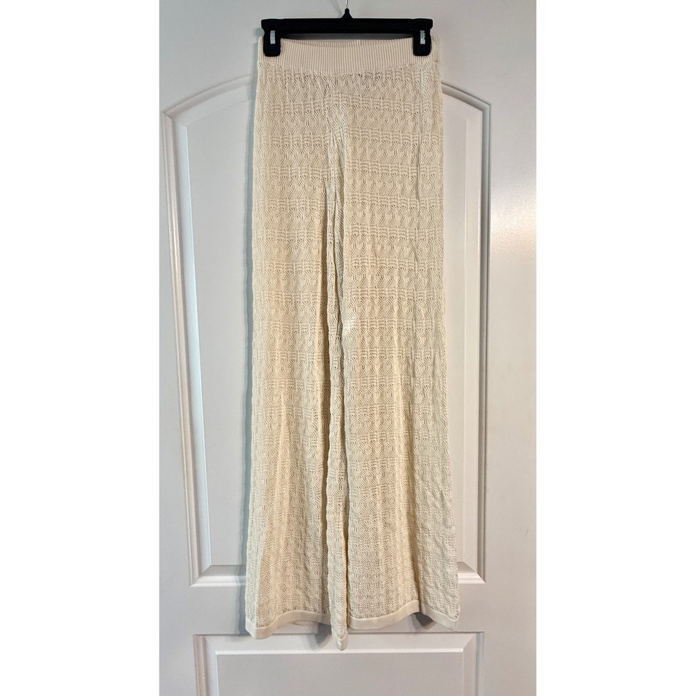 Princess Polly Knit Pants S/M Cream Pointelle Wide Leg Crochet Boho Chic Resort